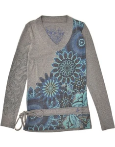 DESIGUAL Mujer Gráfico Top Manga Larga Reino Unido 10 Pequeño Gris Floral Algodón AD04 - Imagen 1 de 4
