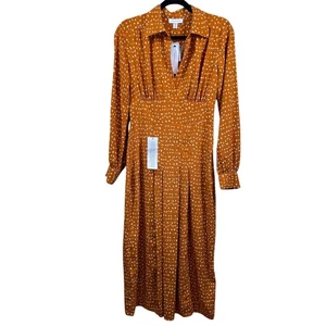 Topshop Sz 4 Long Sleeve Rust Orange Spot Chiffon Collared Midi Shirt Dress - Picture 1 of 16