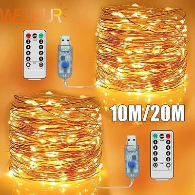 Stringa Fata Luci LED Filo USB Rame Luce Festa Natale Telecomando Esterno 20m - Immagine 1 di 4