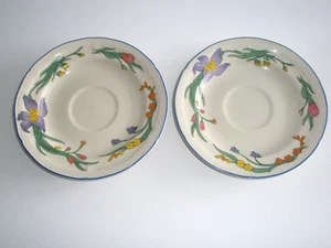 2 Gibson Angel Design 6 1/2" saucers  Stoneware Purple Yellow Orange Flowers - Picture 1 of 5