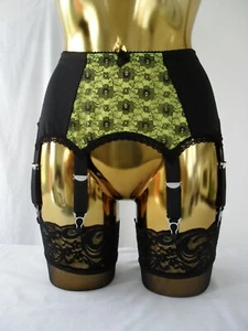 Med Yellow + Black Lycra + Lace 8 Strap Designer Suspender Belt 31-34 Inch Waist - Picture 1 of 11