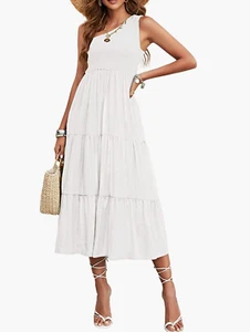 Women's One Shoulder Dresses Sleeveless Smocked High Waist Pleated Maxi XL White - Picture 1 of 11