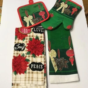 New Christmas Kitchen Dish Towels Oven Mitt Pot Holder Set Red Green Holiday - Picture 1 of 13