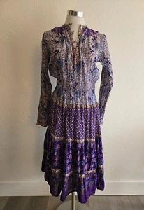 70s INDUS PAKISTAN LIGHT COTTON PURPLE/BLUE FLORAL BUTTON NECK HIPPIE DRESS - Picture 1 of 8