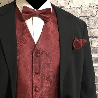 BURGUNDY Paisley Tuxedo Suit Dress Vest Waistcoat & Bowtie  Hankie Wedding Prom - Image 1 of 4