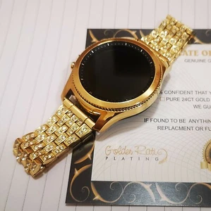 24K Gold Plated Samsung Gear S3 Classic Gold Diamond Rhinestone Band Smart Watch - Picture 1 of 5