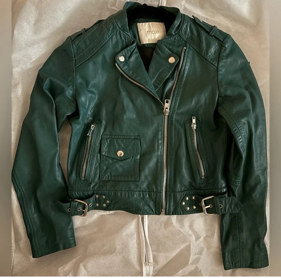 NWT Maje Bassou Genuine Lamb Leather Moto Jacket Green Size 38 / M  - Image 1 of 1