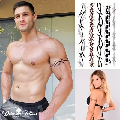 DELUSION TATTOOS STACHELDRAHT TEMPORÄRE TATTOOS SET, HERREN, DAMEN, KINDER, TRIBAL TATTOO TRANSFER X5