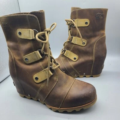 Botas Sorel para mujer talla 10 Joan of Arctic cuña impermeables con cordones cuero marrón Foto 1 de 4