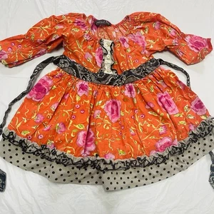 Mustard Pie Dress Girls Size 4 Orange Floral Gray Polka Dot Cottage Ruffles Boho - Picture 1 of 4