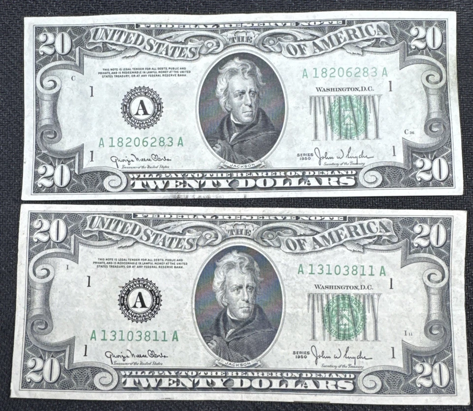 1950 Twenty Dollar Federal Reserve Note $20 Bill  Set of 2  Boston  - Image 1 of 2