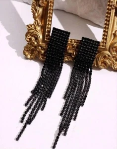 Womens Long Black Metal Rhinestone Tassel Dangle Drop Decor Evening Earrings - Picture 1 of 5
