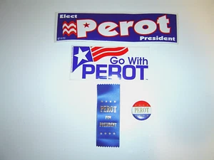 ROSS PEROT OFFICIAL RIBBON, BUTTON PIN, PAIR of BUMPER STICKERS 1992 MINT cond. - Picture 1 of 2