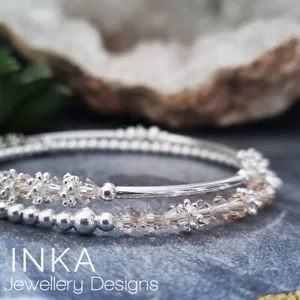 Inka 925 Sterling Silver 4mm Champagne bead Stacking Bracelet Set Of 2 - Picture 1 of 5