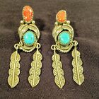 Vintage Native American Sterling Silver Turquoise & Coral Earrings