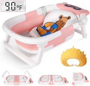 Foldable Baby Bath Tub Collapsible Infant Shower Bathtub with Thermometer, Pink - Picture 1 of 1