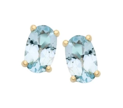 Aretes solitario ovalados aguamarina natural oro amarillo de 9 quilates - marzo Foto 1 de 4