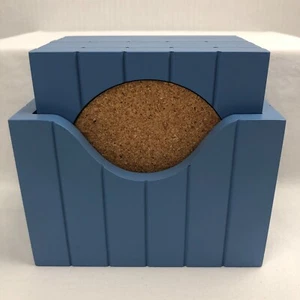 Coaster Set of 6 Wood Cork Matching Holder Farmhouse Beach Cottage Coastal Blue - Picture 1 of 7