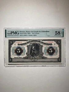 Mexico Banco Del Estado De Chihuahua 5 Pesos 1913 Choice About Uncirculated - Picture 1 of 2