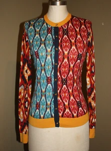 TORY BURCH MERINO WOOL SWEATER GABBY CARDIGAN KNITTED TEAL & RED - MEDIUM 4 6 - Picture 1 of 5