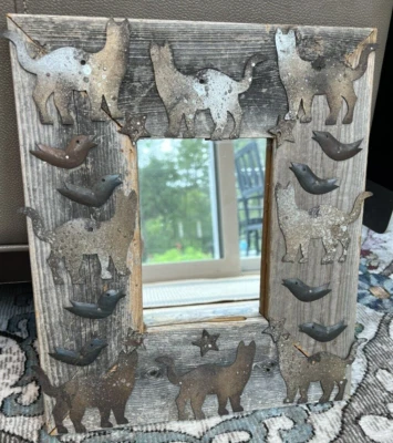 Barbara Benham Ryan Folk Art tin Cutout Cats Design Wood Frame Mirror Decor - Image 1 of 4