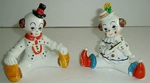 Porcelain Clown Sitting Down set of 2 Child like Smiling Face - Picture 1 of 11