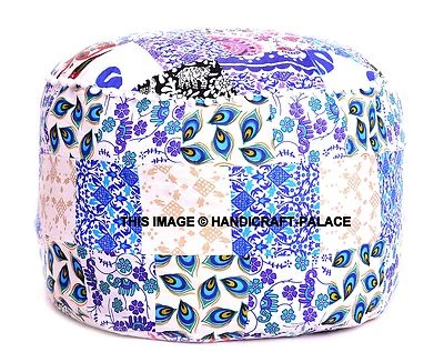 Puf indio tradicional vintage blanco bohemio pom encaje retazos cubierta otomana  Foto 1 de 3