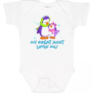 Inktastic My Great Aunt Loves Me! Cute Penguins Baby Bodysuit Family Winter Hat - Picture 1 of 9