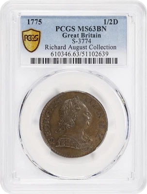 GRANDE GRÃ-BRETANHA GEORGE III 1775 MEIO CENTAVO, NÃO CIRCULADO, CERTIFICADO PCGS MS63-BN - Imagem 1 de 4