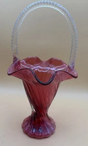 Fenton Cranberry Basket With Clear Twisted Handle Swirl Texture - Picture 1 of 7