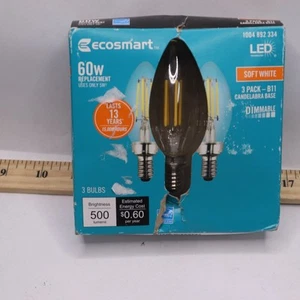 (3-Pk) EcoSmart LED B-11 Candelabra Base Bulb Light Soft White 60-W 500LM - Picture 1 of 4