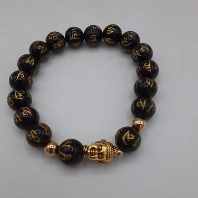 Black Obsidian Beaded Feng Shui Stretch Bracelet With Buddha Charm In Goldtone  - Image 1 of 4