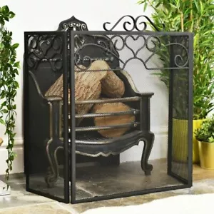 Black Ornate Scroll Three Fold Fireguard Fire Screen Spark Guard - Picture 1 of 5