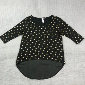 Next Era Couture Top Women XL Black 3/4 Sleeve Bronze Skull Print Chiffon Hi Low - Picture 1 of 24
