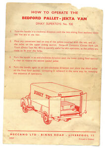 DINKY TOYS 930  BEDFORD PALLET  "JEKTA " VAN Original Instruction Sheet Only