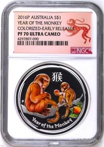 2016 P Australia PROOF COLORIZED Silver Lunar Year of Monkey NGC PF70 1oz Coin