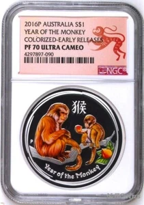 2016 P Australia PROOF COLORIZED Silver Lunar Year of Monkey NGC PF70 1oz Coin - Picture 1 of 4