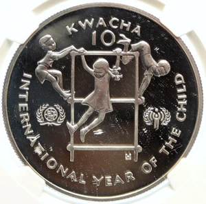 1980 ZAMBIA African Year Children VINTAGE Proof Silver 10 Kwacha Coin NGC i99387 - Picture 1 of 5