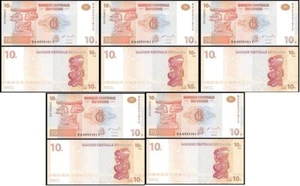 Kongo DR - 5 Stück x 10 Francs 2003 UNC (G&D) Pick 93a Lemberg-Zp - Bild 1 von 2
