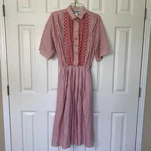 Donna Morgan Kleid groß rot weiß Streifen bestickt Stretch 80er Vintage - Bild 1 von 16