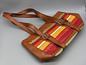 Etienne Aigner Leather Brown Red Yellow Orange Stripe Shoulder Bag Purse 12x9