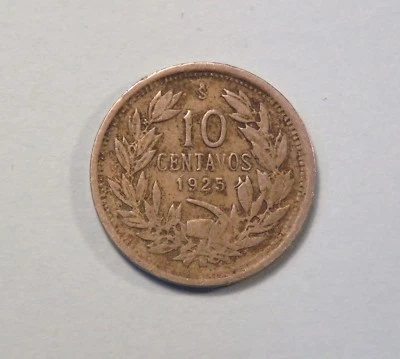 1925 Chile 10 Centavos Copper Nickel World Coin Condor KM166 South America - Image 1 of 2
