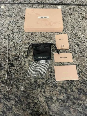 Miu Miu Crystal Leather Necklace Pouch with Fringe Black SPB-JB 354412 - Image 1 of 4