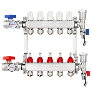Set collettore riscaldamento a pavimento radiante PEX dimensioni 5 rami 1/2" acciaio inox - Foto 1 di 8