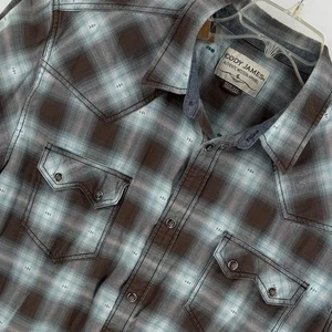 Cody James 2XL Long Sleeve~Pearl Snap Shirt Mens~Plaid Cotton~Aqua Brown Western - Picture 1 of 7