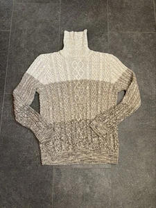 Jeanne Pierre großer Pullover Zopfmuster Rollkragen creme braun Streifen - Bild 1 von 8