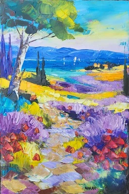 Tableau sorti de l'atelier de Nolac 30X20 cm Sentier en Provence Coquelicots - Photo 1/4