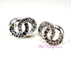 Silver Rodium Plated Twin Link Circle Double Kiss Earrings w/ Swarovski Crystals
