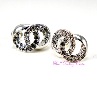 Silver Rodium Plated Twin Link Circle Double Kiss Earrings w/ Swarovski Crystals - Image 1 of 4