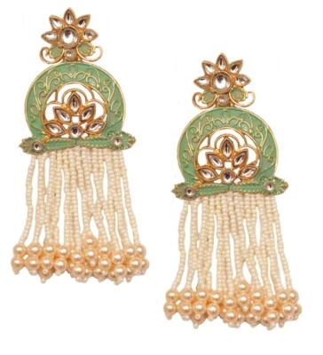 Long Painted Indian Gold Jhumka Earrings White Cluster Pearl Tassel Jewelry - Image 1 of 2